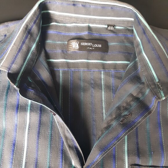 Sergio Louis Italy SZ M Black, Indigo & Teal Striped Men's Button Up Shirt - Picture 9 of 14